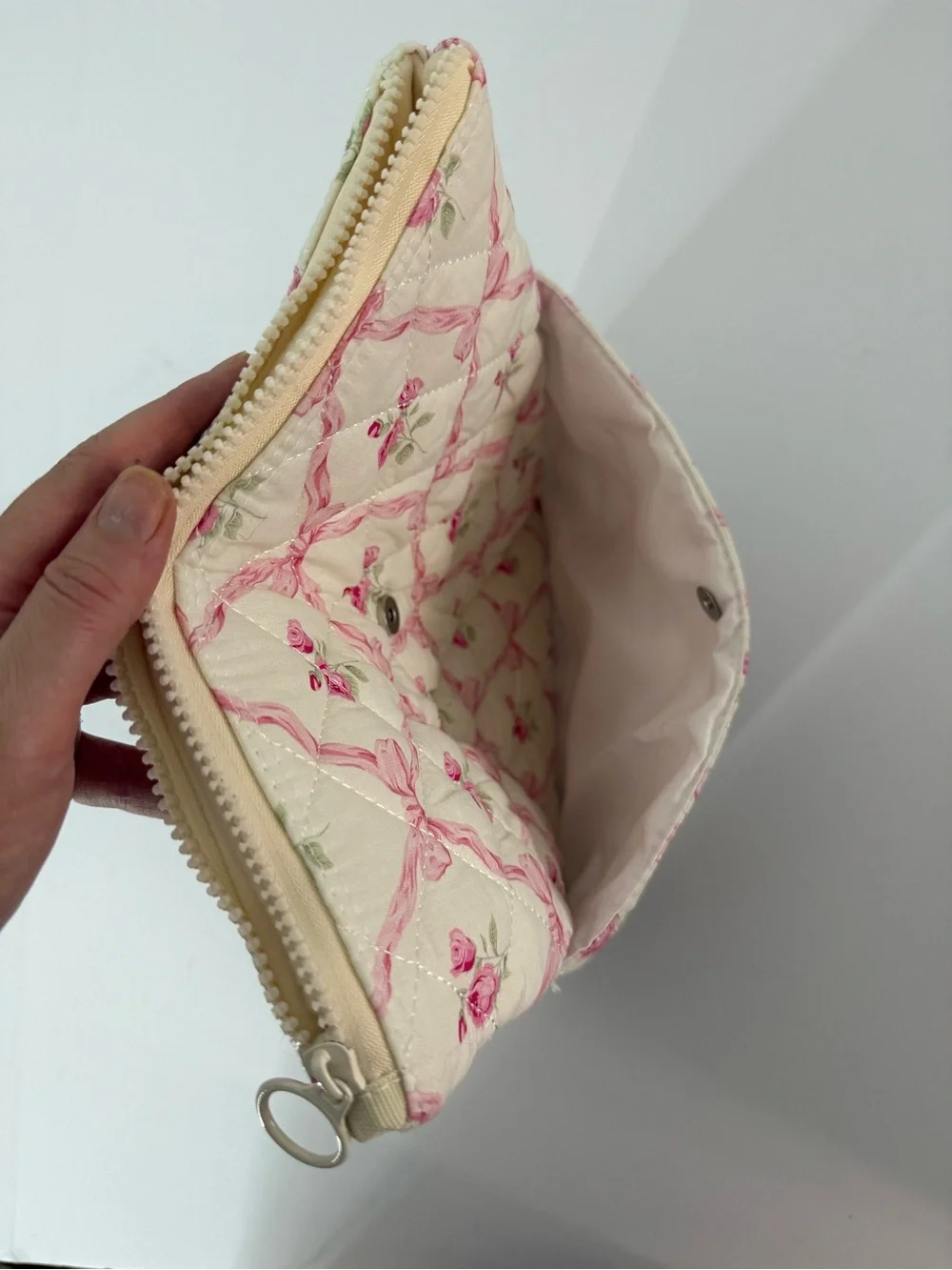 Quilted Pink Bow Rose iPad Laptop Sleeve Coquette Floral Tablet Case Cottagecore